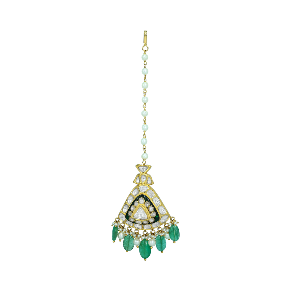 Triangular Polki Mangtikka with Emerald and Pearls